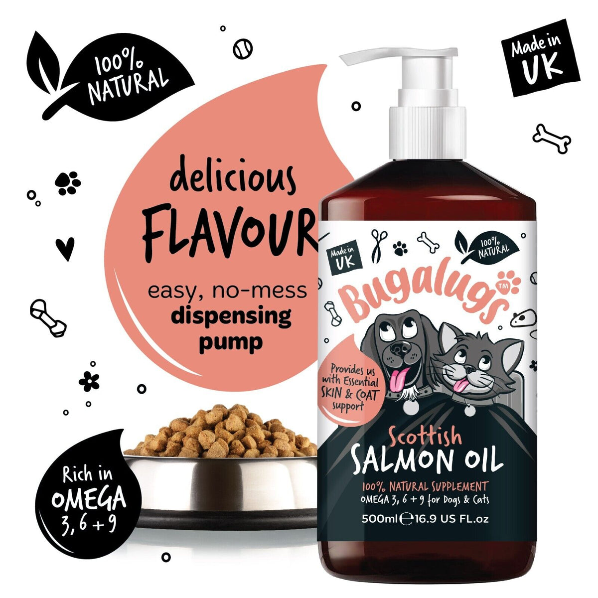 Bugalugs Dog Salmon Oil 100% Pure Dogs, Cats & Pets 500Ml, Healthy Skin & Coat