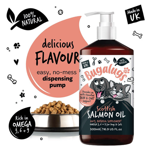 Bugalugs Dog Salmon Oil 100% Pure Dogs, Cats & Pets 500Ml, Healthy Skin & Coat